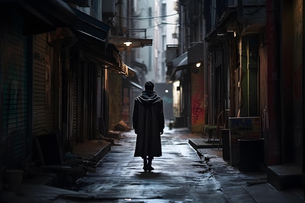 Ein Mann mit langem Mantel in einer dunklen Gasse.