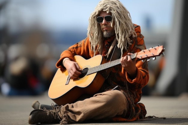 Ein Mann mit langen Haaren sitzt auf dem Boden und spielt Gitarre. Generative KI