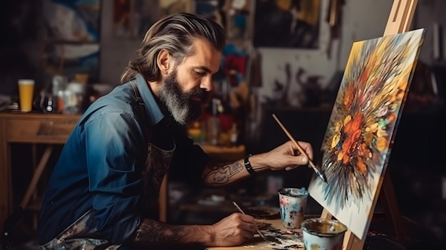 Ein Mann mit langen Haaren und Bart, der in seinem Atelier Generative AI auf Leinwand malt