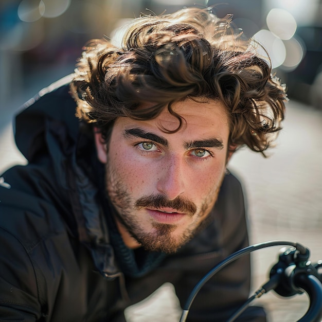 ein Mann mit lockigem Haar fährt Fahrrad