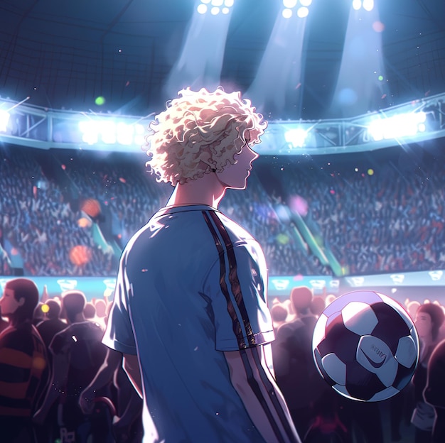 Ein Mann mit lockigem Haar hält einen Fußball vor eine Menschenmenge.
