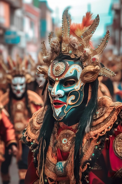 Ein Mann mit Maske und Federn bei einer Parade Generatives KI-Bild La Diablada in Oruro, Bolivien