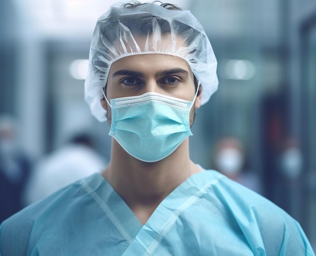 Ein Mann mit Maske und Maske steht in einem Krankenhaus