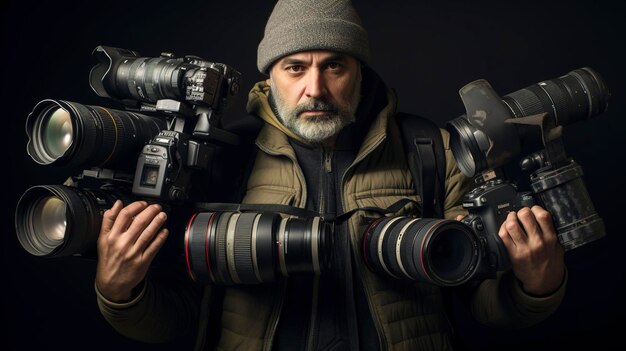 Ein Mann mit mehreren Kameras und Objektiven, der vor einem dunklen Hintergrund ernsthaft aussieht