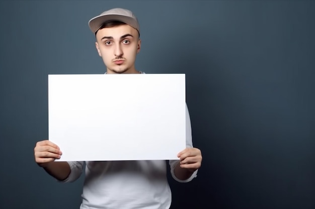 Ein Mann mit Mütze hält ein weißes Plakat vor einer dunkelblauen Wand