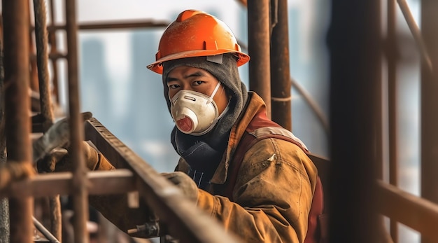Ein Mann mit Mundschutz und Helm steht auf einer Baustelle