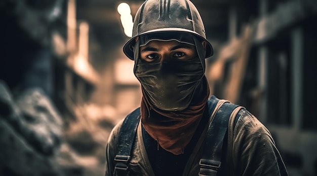 Ein Mann mit Mundschutz und Helm steht in einem Gebäude mit Trümmern im Hintergrund.