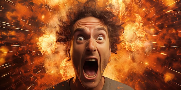 Foto ein mann mit offenem mund um das feuerwerk im hintergrund herum