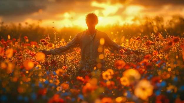 Foto ein mann mit offenen armen auf dem feld von wildblumen bei sonnenuntergang