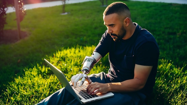 ein Mann mit prosthetischem Bein sitzt mit einem Laptop im Gras