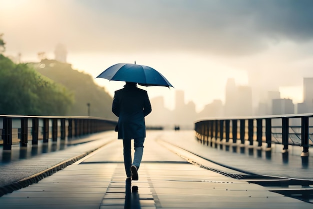 Ein Mann mit Regenschirm geht über eine Brücke, im Hintergrund die Stadt.