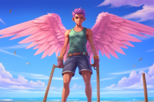 Ein Mann mit rosa Flügeln steht an einem Strand und hat einen blauen Himmel hinter sich