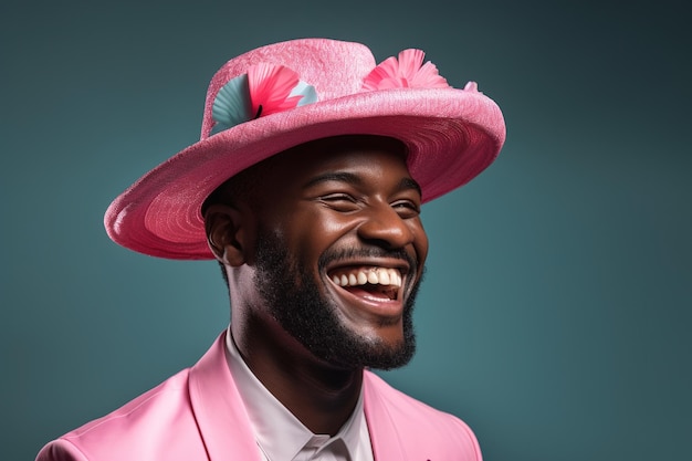 Ein Mann mit rosa Hut lächelt und lacht.