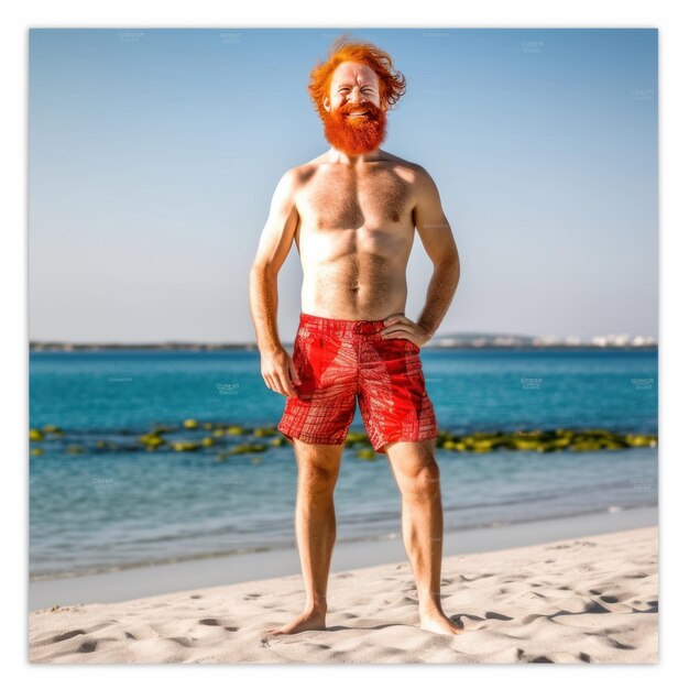 Ein Mann mit rotem Bart und roten Shorts steht am Strand.