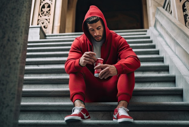 Ein Mann mit rotem Kapuzenpullover sitzt auf einer Treppe und hat ein Kunstwerk geschaffen