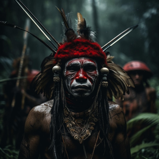 Ein Mann mit rotem Kopfschmuck und einer Feder auf dem Kopf steht in einem Wald.