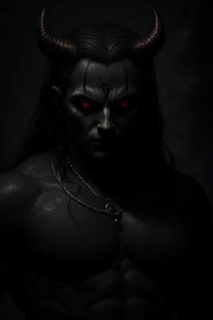 Ein Mann mit roten Augen und einem schwarzen Hintergrund mit einem dunklen Hintergrund.