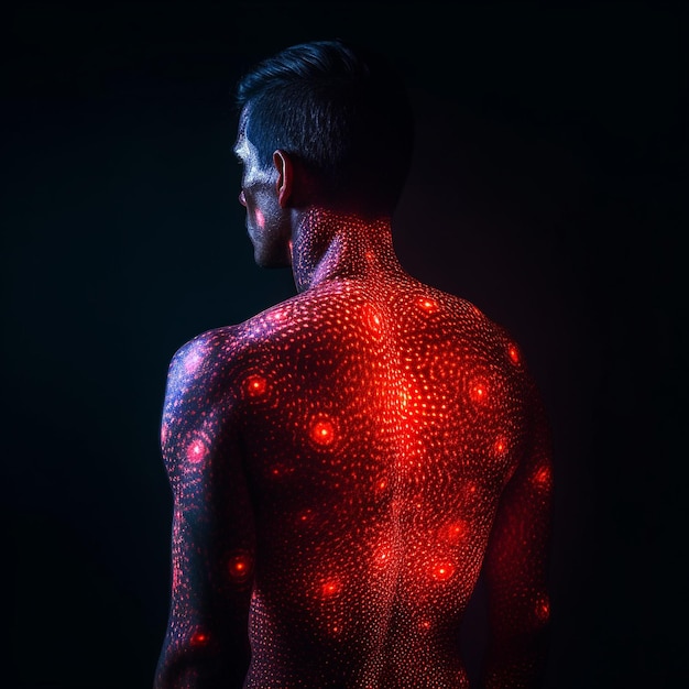 Ein Mann mit roten Punkten auf dem Rücken und dem Rücken.