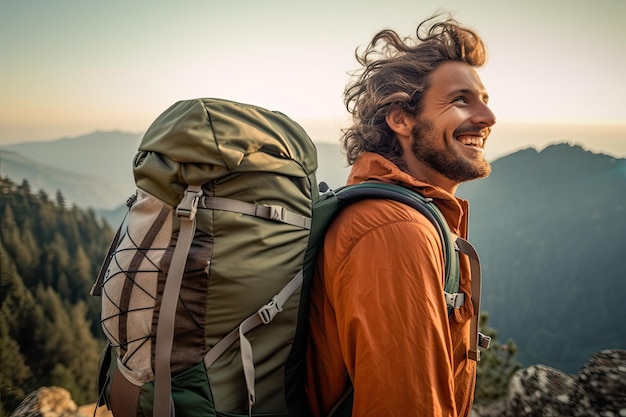 Ein Mann mit Rucksack blickt auf die Berge