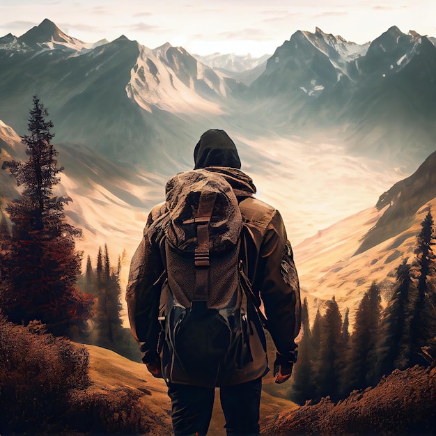 Foto ein mann mit rucksack blickt auf eine bergkette