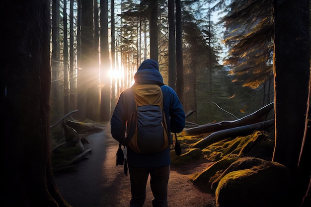 Ein Mann mit Rucksack, der von hinten durch den Wald blickt, Konzept, Reisekonzept, Tourismus