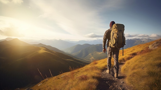 Ein Mann mit Rucksack geht auf einem Bergpfad.