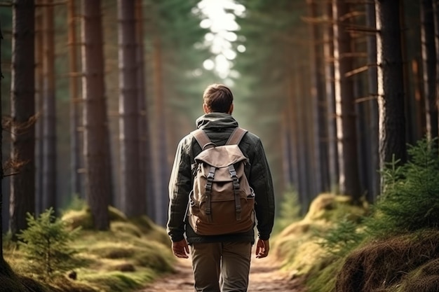 Ein Mann mit Rucksack geht auf einem Waldweg