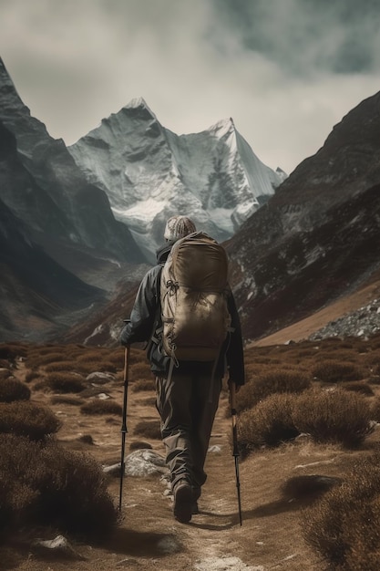 Ein Mann mit Rucksack geht durch ein Feld mit einem Berg im Hintergrund.