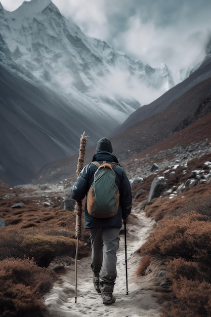 Ein Mann mit Rucksack geht durch eine Berglandschaft mit einem Berg im Hintergrund.