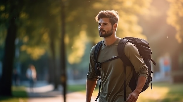 Ein Mann mit Rucksack genießt die Natur beim Gehen, was städtische Fitness und den Trend des Ruckens für Bewegung verkörpert