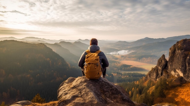 Ein Mann mit Rucksack sitzt auf einem Berggipfel