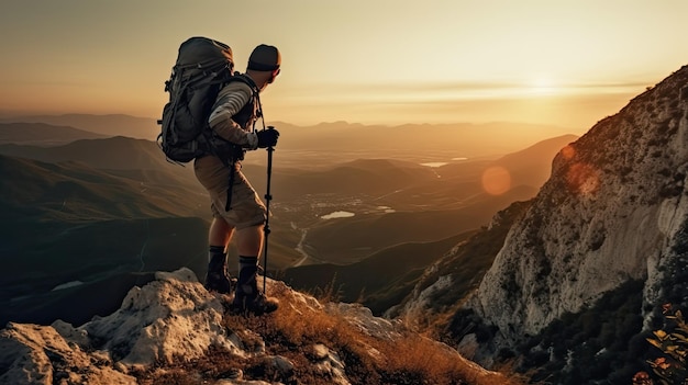 Ein Mann mit Rucksack steht auf einem Berggipfel und blickt auf den Sonnenuntergang.