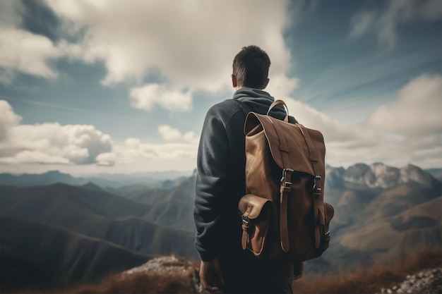 Ein Mann mit Rucksack steht auf einem Berggipfel und blickt auf die Berge