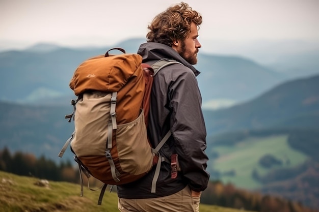 Ein Mann mit Rucksack steht auf einem Feld und blickt auf die Berge