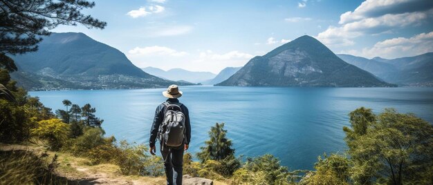 ein Mann mit Rucksack und Blick auf einen See