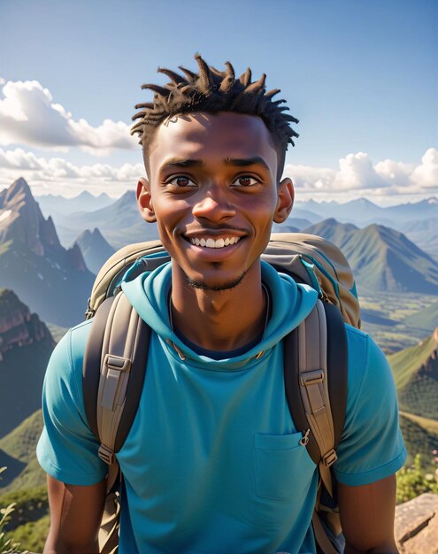 ein Mann mit schrecklichem Haar lächelt, während er auf einem Felsen sitzt