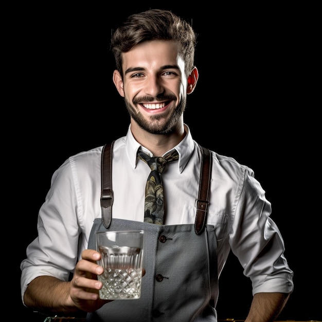 Ein Mann mit Schürze hält ein Glas Wasser in der Hand und lächelt.