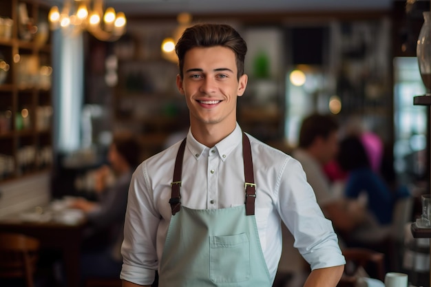 Ein Mann mit Schürze steht in einem Restaurant