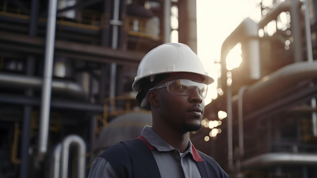 Ein Mann mit Schutzbrille steht vor einer Fabrik.