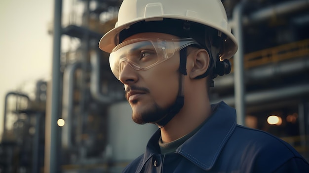 Ein Mann mit Schutzbrille und Helm steht vor einer Fabrik.