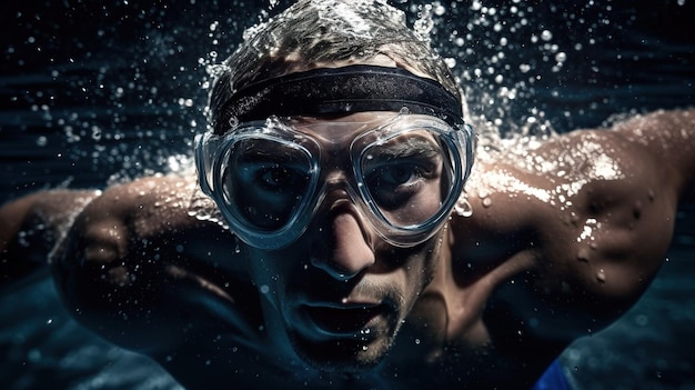 Ein Mann mit Schutzbrille und Maske steht unter Wasser.