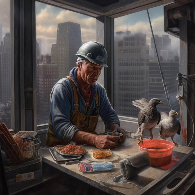 Ein Mann mit Schutzhelm arbeitet an einem Tisch mit Essen und einem Vogel auf dem Tisch.