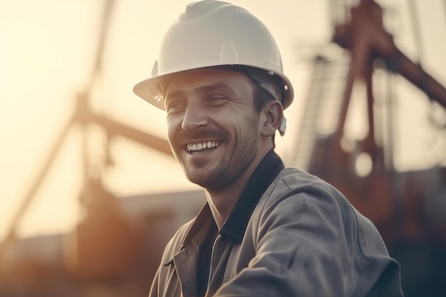 Ein Mann mit Schutzhelm lächelt auf einer Baustelle in die Kamera