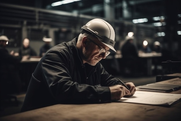 Ein Mann mit Schutzhelm schreibt auf ein Blatt Papier.