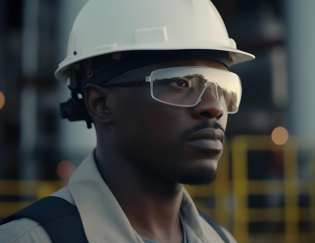 Ein Mann mit Schutzhelm und Schutzbrille steht vor einer Fabrik.