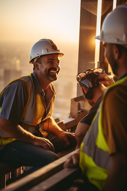 Ein Mann mit Schutzhelm und Schutzhelm lächelt auf einer Baustelle