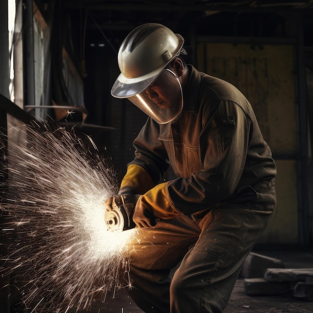 Ein Mann mit Schutzhelm und weißem Schutzhelm arbeitet an einem Stück Metall.