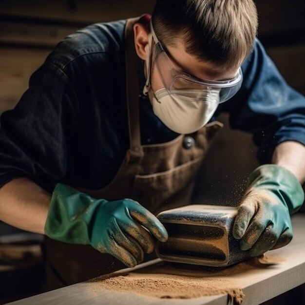 Ein Mann mit Schutzmaske arbeitet mit einem Stück Holz.