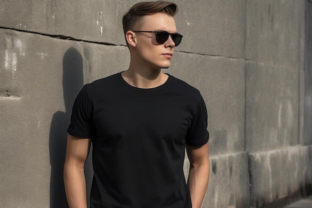 Ein Mann mit schwarzem T-Shirt und Sonnenbrille steht an einer Wand.