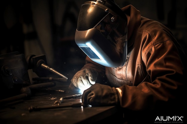 Ein Mann mit Schweißhelm schweißt ein Stück Metall.